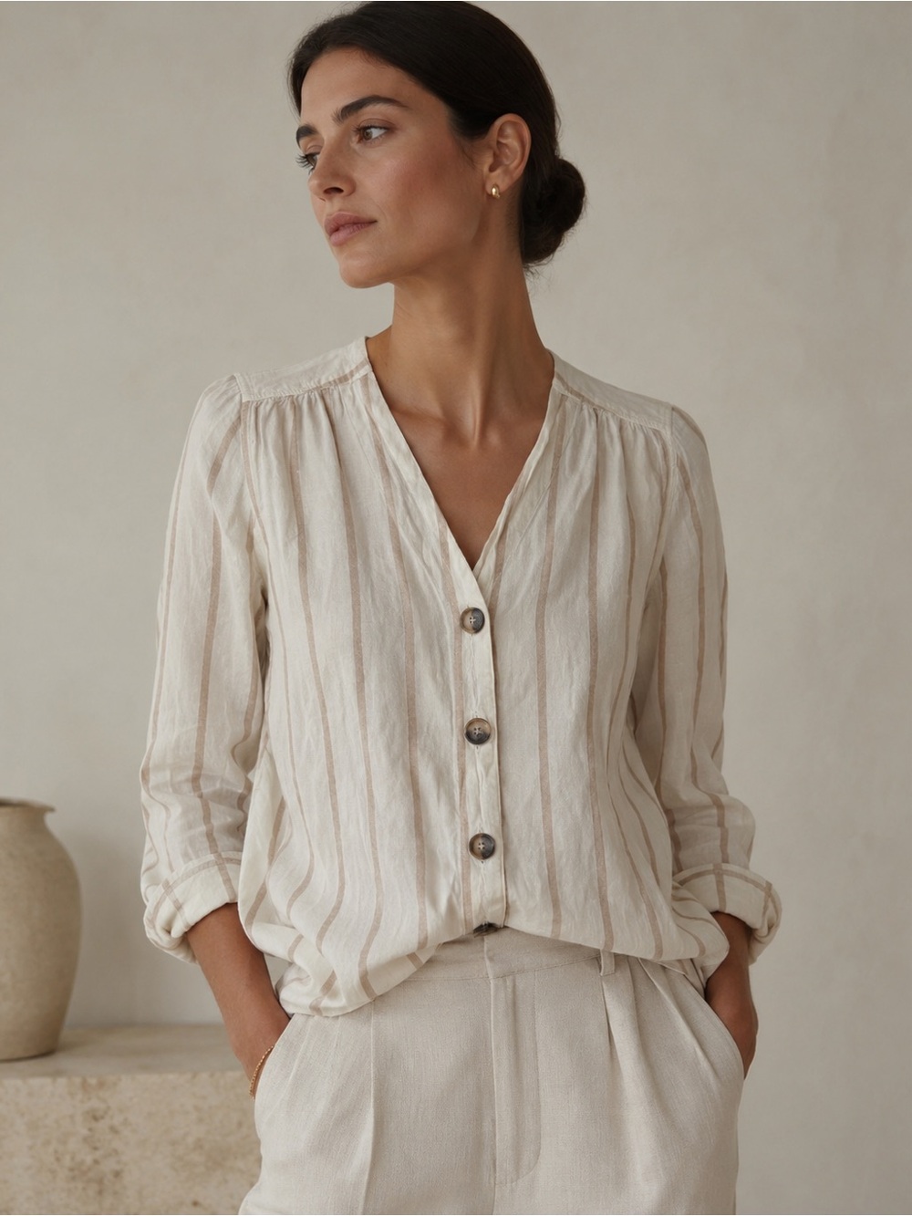 Women’s Linen Blend Striped Tunic Blouse Sz 10 Marks & Spencer